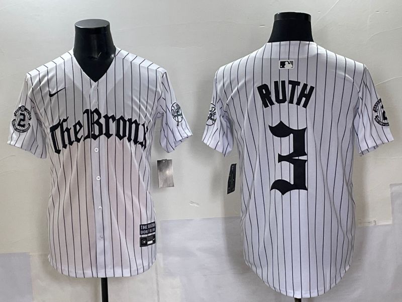 Men 2025 New York Yankees #3 Ruth White Stripe Five generations Joint Name Nike MLB Jersey style 01